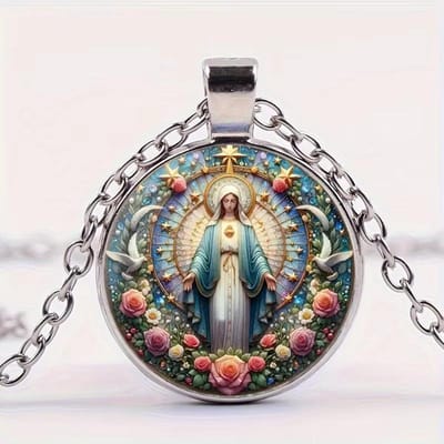 Christelijke Heilige Familie Ketting Rond Jezus Glazen Koepel Cabochon Hangers Kettingen Religieuze Sieraden gray