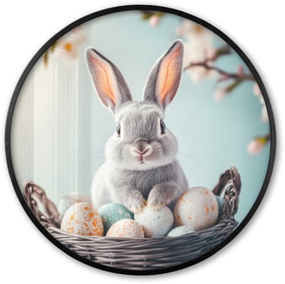 Poster in lijst Rond - Fotolijst 60x60 cm - Posters - Konijn - Eieren - Mand - Ronde posterlijst zwart - Decoratie - Wanddecoratie woonkamer - Muurdecoratie slaapkamer