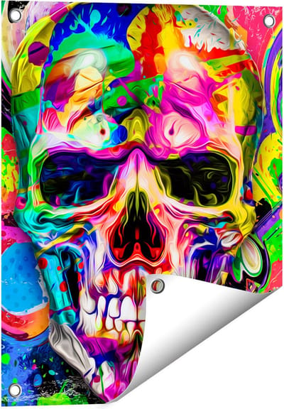 Gards Tuinposter Gekleurde Schedel - Doodskop - Doodshoofd - 40x50 cm - Tuindoek - Tuindecoratie - Wanddecoratie buiten - Tuinschilderij