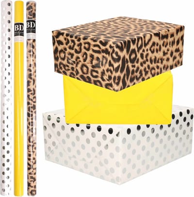 12x Rollen kraft inpakpapier/folie pakket - panterprint/geel/wit met zilveren stippen 200 x 70 cm - dierenprint papier