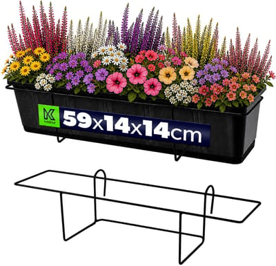 KADAX Bloempothouder, hangend, voor balustrade, balkon, terras, bloembak, binnen en buiten, plantenhouder van staal, bloembakhouder met haken, zwart (M, recht)