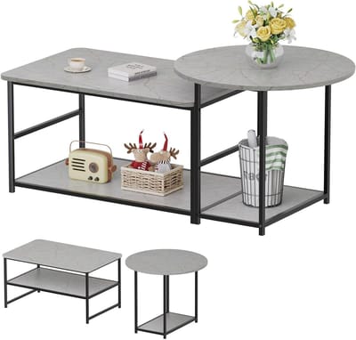 WOHOMO Salontafel, Moderne Stijl Salontafels voor Woonkamer Marmeren Middentafel met Opslag 2 in 1Afneembare Tafel Set, Grijs Marmer