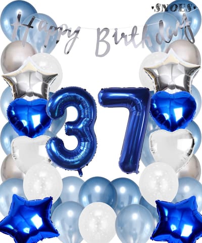 Snoes Ballonnen 37 Jaar Set Mega Blauw Zilver Ballon - Compleet Feestpakket Cijferballon 37 Jaar - Verjaardag Versiering Slinger Happy Birthday – Folieballon – Latex Ballonnen - Helium Ballonnen