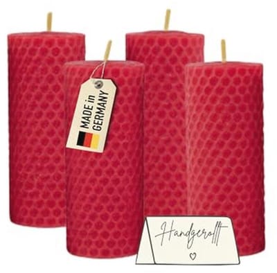 Wachsmann Stompkaarsen, set van 4, 100% bijenwas, handgerold, made in Germany, bijenwaskaarsen, honingkaarsen met elk 6 uur brandduur