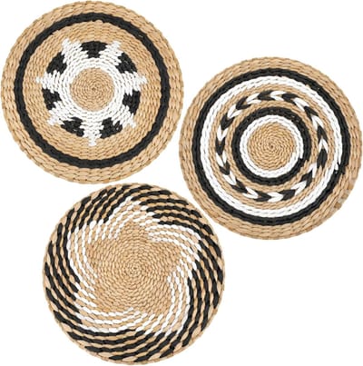 OUYLAF Wanddecoratie - wanddecoratie woonkamer - Mand van gevlochten lisdodde - wand decoratie - Rondweefsel - wanddecoratie rond - voor Woonkamer Slaapkamer Boerderij - 3pcs
