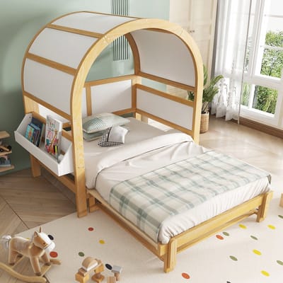 Sweiko Uitschuifbaar bed - 140x200 cm - Hemelbed - Kinderbed - Slaapbank - Opbergplank - Wit + Natuurlijke