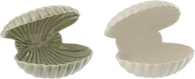 J-Line decoratie Schelp Open - keramiek - wit/olijfgroen - 2 stuks
