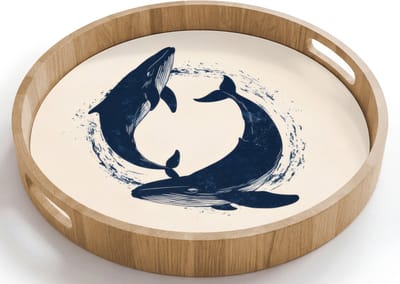 Dienblad rond 40x40 cm - Schootdienblad hout - Walvissen - Spetters - Cirkel - Donkerblauw - Borrelplank rechthoek - Plateau houten dienbladen