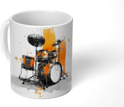 Mok - Koffiemok - Drumstel - Oranje - Zwart - Aquarelverf - Mokken - 350 ML - Beker - Koffiemokken - Theemok