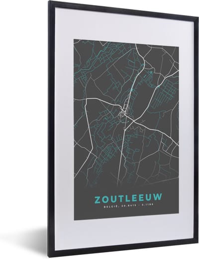 Fotolijst incl. Poster - België – Zoutleeuw – Stadskaart – Kaart – Blauw – Plattegrond - 40x60 cm - Posterlijst