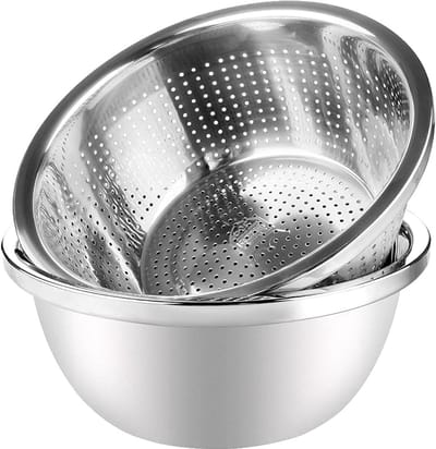 Famanu – Set van 2 roestvrijstalen vergieten met kleine gaten, ideaal voor groente, fruit en pasta, vaatwasmachinebestendig