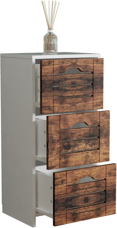VCM Midischrank – schmaler Badschrank mit 3 Schubladen, H. 76 x B. 38 x T. 28 cm, kompakte Aufbewahrung für Badezimmer, Badmöbel Schubladenkommode, Flonali