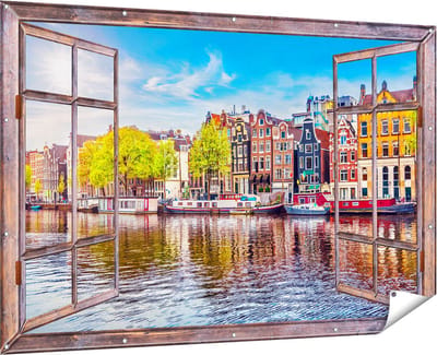 Gards Tuinposter Doorkijk Amsterdamse Huisjes aan het Water - 180x120 cm - Tuindoek - Tuindecoratie - Wanddecoratie buiten - Tuinschilderij
