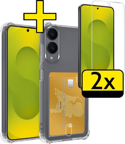 Hoesje - Geschikt voor Samsung Galaxy S25 Edge - Met 2x Screenprotector - Pashouder - Kaarthouder - Telefoon Hoes Shockproof - Siliconen Case - Back Cover - Shock Proof - Pasjes Houder - Telefoonhoesjes - Transparant