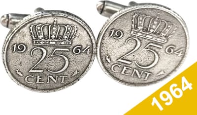 Manchetknopen Kwartje 1964 Verzilverd - Uniek en Stijlvol Sieraad met Jaartal - Cadeau Geboortejaar - Alle Jaartallen Beschikbaar - Doorsnede 1,8 cm