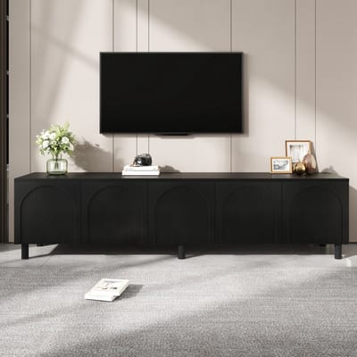 MODFU TV-Meubel - 5 Deuren En Kabeldoorvoer - Modern - Woonkamer - Spaanplaat En MDF - Zwart - 180 X 38 X 45 Cm
