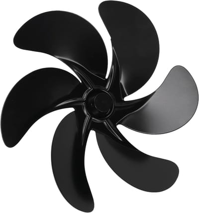 Krachtige 6-bladige warmte aangedreven haardventilator van aluminium, ideaal voor efficiënte warmteverspreiding en energiebesparing in open haarden en houtkachels.