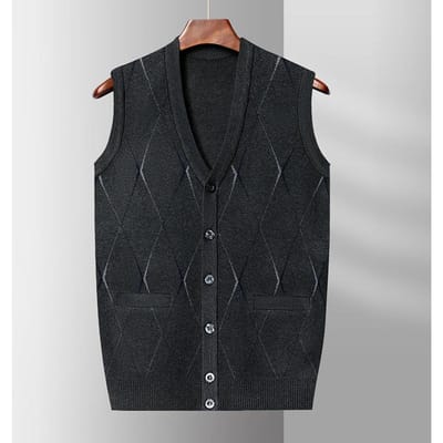 Gilet Pull Homme d'âge moyen et âgé Gilet Grand-père Pull sans manches Col en V Cardigan Laine Vêtements d'automne pour papa 2XL white