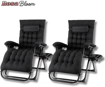 RosaBloom Ligstoel Tuin - Ligbed - set van 2 - Buiten - Opvouwbaar - Zacht Katoen Kussen - Stabiel - max 160kg - Zwart