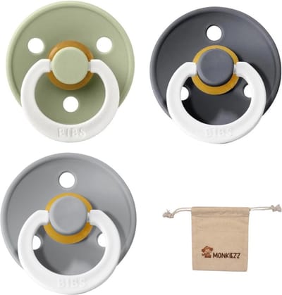 BIBS Fopspenen - Maat 1 0-6 maanden - Latex – Glow in the dark Cloud – Sage – Iron + Monkiezz speenzakje