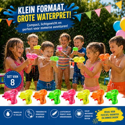 Benza Waterpistolen Set van 8 – Mini Waterpistool 10 cm – Neon Kleuren – Trekkeractie – Waterspeelgoed voor Buiten