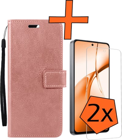 Hoes - Met 2x Screenprotector - Geschikt voor OnePlus Nord CE4 - Luxe Pasjeshouder - Bookcase Portemonee - Flip Case - Kunstleer Book Case - Flipcase Hoes - Book Cover - Walletcase - PortemonneeHoes - Rosé goud