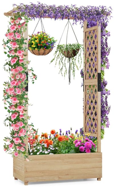 Plantenbak met klimrek - Bloembak - Weerbestendig - Met trellis - Buiten - Hout - Plantenrek - Naturel