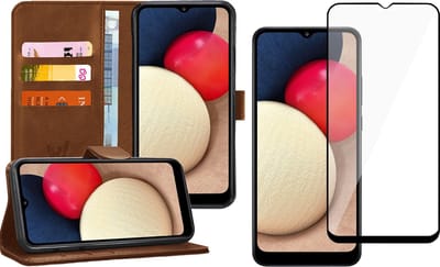 Hoesje geschikt voor Samsung Galaxy A02s - Screen Protector FullGuard - Book Case Kunstleer Pasjeshouder Bruin & Screenprotector