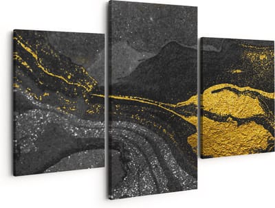 Artaza Canvas Schilderij Drieluik Abstracte Kunst - Zwart Gouden Marmer - 150x120 - Groot - Foto Op Canvas - Canvas Print
