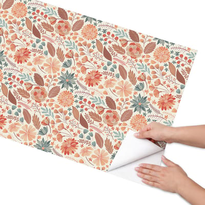 Coloray Meubel Wrap Folie - Oranje Meubelfolie - 65x130 cm - Meubelfolie Zelfklevend Bloemmotieven - Wrapfolie Keuken - Scandinavisch Meubelfolie - Decoratiefolie - Tafeldecoratie - Bloemen en planten