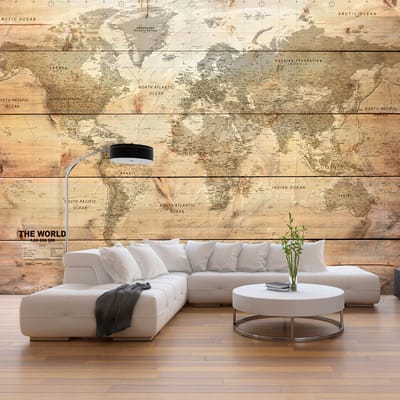 200cm X 140cm - Fotobehang - Wereldkaart op planken (Behang), premium print vliesbehang