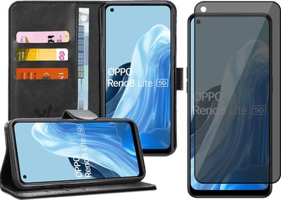 Hoesje geschikt voor Oppo Reno 8 Lite - Privacy Screenprotector Volledig Dekkend Glas - Portemonnee Book Case Zwart