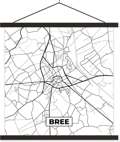 Posterhanger incl. Poster 60x60 cm - Schoolplaat - Zwart Wit – België – Plattegrond – Stadskaart – Kaart – Bree - Textielposter - Zwarte latten - Stadskaart