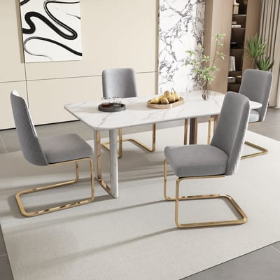 MODFU - Eetkamerstoelenset - Rugleuning Met Ruitpatroon - Modern - Voor Eetkamer Of Woonkamer - Fluweel - Grijs