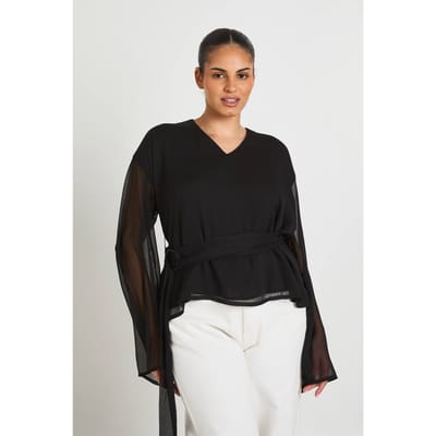 boohoo Dames Plus Maat Chiffon Wikkel Top Met Gouden Bies | Zwart | Maat: 44