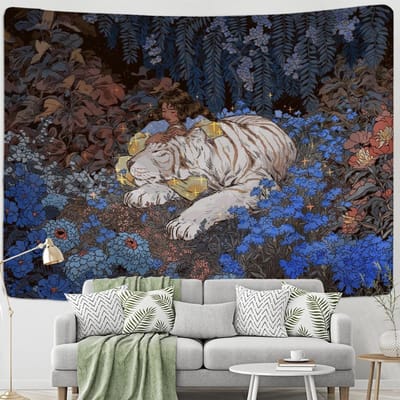 Tapisserie murale à suspendre, motif floral, jungle, animaux, paysage océanique, art bohème, psychédélique, sorcellerie, décoration d'intérieur 95x70cm gray