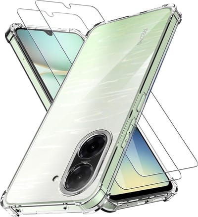 Casemania Hoesje +Glas Geschikt voor Xiaomi Redmi A5 4G - Transparant - Anti Shock Hybrid Back Cover met Camera Bescherming - 2 x Glazen Screenprotector