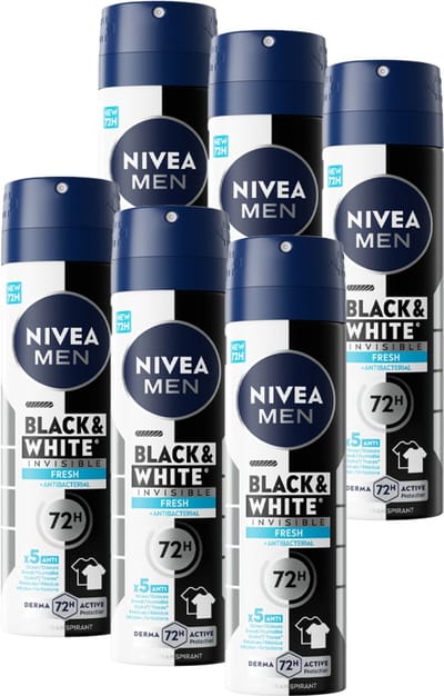 NIVEA MEN Black & White Fresh Anti-Transpirant Spray - Deo Tegen witte en gele vlekken - 72 uur bescherming - Frisse geur – Alcoholvrij - 6 x 150 ml