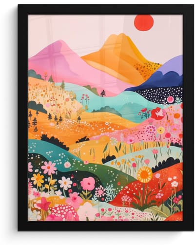 Poster in lijst - Fotolijst 30x40 cm - Posters - Kleurrijke bloemen - Bergen - Fantasielandschap - Posterlijst zwart - Decoratie - Wanddecoratie woonkamer - Muurdecoratie slaapkamer