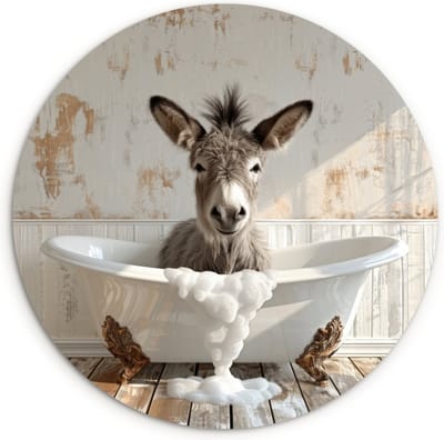 WallCircle® Wandcirkel 120x120 cm - Muurcirkel Ezel - Dieren - Badkuip - Schuim - Humor - Badkamer - Muurdecoratie woonkamer - Wanddecoratie slaapkamer - Kamer decoratie accessoires - Ronde schilderijen - Woonaccessoires binnen cirkel