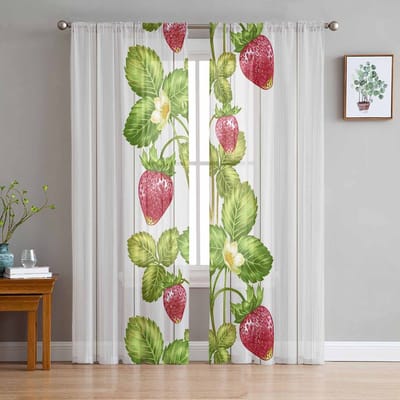 Lente Plant Fruit Aardbei Houtnerf Transparante Gordijnen Voor Woonkamer Slaapkamer Keuken Voor Ramen Voile Gordijnen Huisdecoratie 135W x 114H(cm) beige