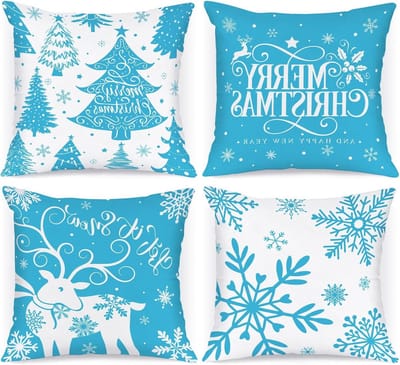 Decoratieve Kussenslopen voor Kerstmis - Set van 4, 40x40 cm, Sneeuwvlokken en Winterthema voor de Bank en Woonkamer in Lichtblauw