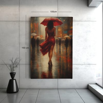 Canvas Schilderij – Romantische Stadsscène – Vrouw met Rode Paraplu – 60x40x2 cm