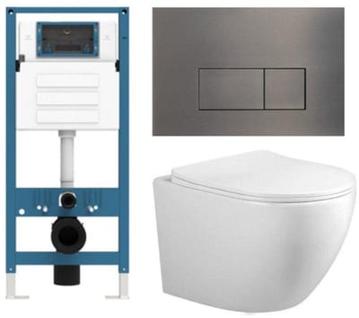 FugaFlow Eccelente Press Toiletset - 48.5x36x32cm - diepspoel - spoelrandloos - inbouwreservoir - softclose - quickrelease - toiletzitting - gunmetal metalen bedieningsplaat - rechthoekige knoppen - wit
