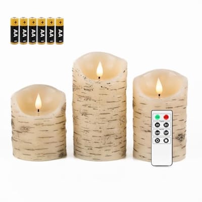 Fanna Set of 3 Flameless LED Birch Candles with Timer, Battery Operated Wax Candles with Remote Control for Christmas, 6 Batteries Included - H 10 cm/12.7 cm/6 cm