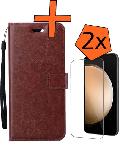 Hoes - Met 2x Screenprotector - Geschikt voor Samsung Galaxy S23 FE - Luxe Pasjeshouder - Bookcase Portemonee - Flip Case - Kunstleer Book Case - Flipcase Hoes - Book Cover - Walletcase - PortemonneeHoes - Bruin