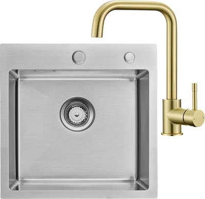 Auralum max Spoelbak RVS 45x45 cm - Spoelbakken Keuken Met Keukenkraan Goud - Wasbak Keuken - Met Kraangat - incl. Afvoerzeefje en Sifon