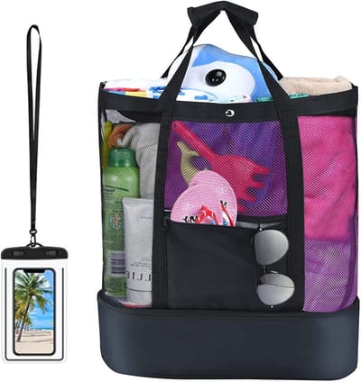 Grote Vouwbare Mesh Strandtas, Herbruikbare Net Bag voor Zand Speelgoed, Familie Bad Tas met Waterdichte Zak