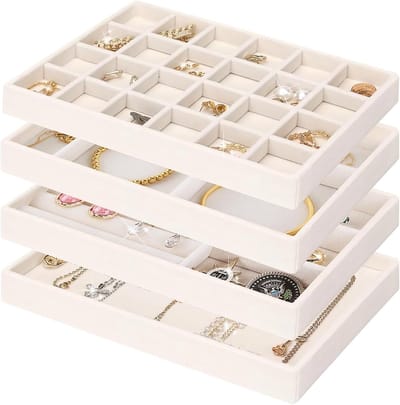 Sieradenopbergdoos met lades en trays voor het organiseren van oorbellen, armbanden en ringen - 4 stuks (Beige)