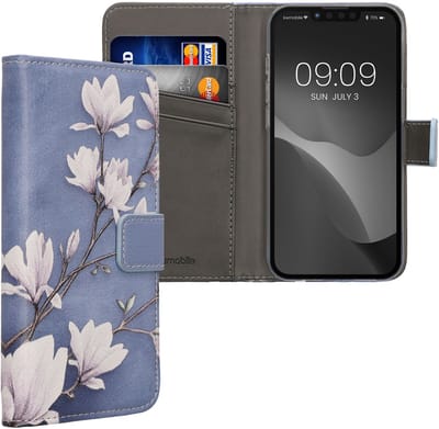 kwmobile telefoonhoesje geschikt voor Apple iPhone 17e / iPhone 16e - Backcover voor smartphone - Hoesje met pasjeshouder in taupe / wit / blauwgrijs - Magnolia design